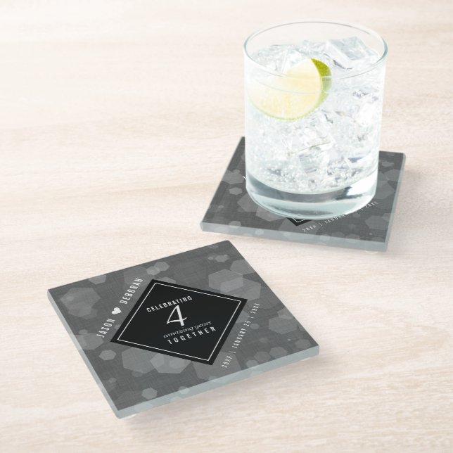 Elegant 4th Linen Wedding Anniversary Celebration Glass Coaster (Angled)