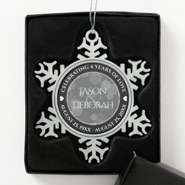 Elegant 4th Linen Wedding Anniversary Celebration Snowflake Pewter Christmas Ornament (Box)