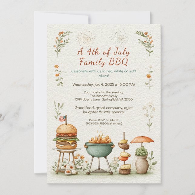Elegant 4th of July BBQ Invitation – Soft Line Art (Front)