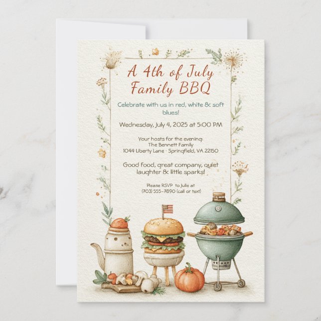 Elegant 4th of July BBQ Invitation – Soft Line Art (Front)