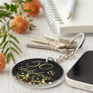 Elegant 50 and Fabulous Black and Gold Glitter Key Ring