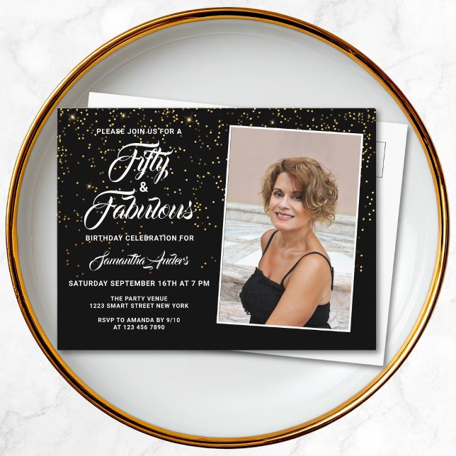 Elegant 50 and Fabulous Black Gold Glitter Photo  Invitation Postcard (Creator Uploaded)