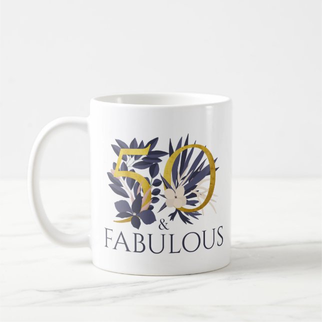 Elegant 50 and Fabulous Blue Gold Birthday Gift Coffee Mug (Left)