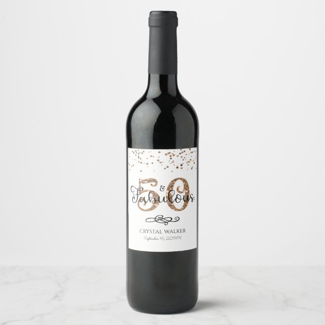 Elegant 50 AND FABULOUS Copper Gold Black Wine Label (Front)