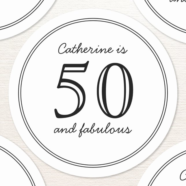 Elegant 50 and Fabulous Custom Name Birthday Classic Round Sticker (Fifty 50 and fabulous personalized custom name text age sticker)