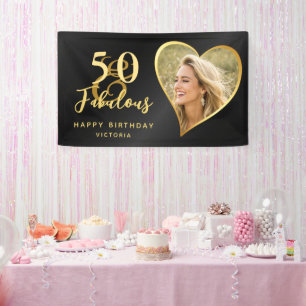 Elegant 50 and Fabulous Custom Photo Black Gold Banner