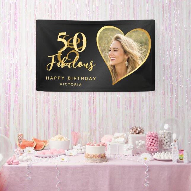 Elegant 50 and Fabulous Custom Photo Black Gold Banner (Party)