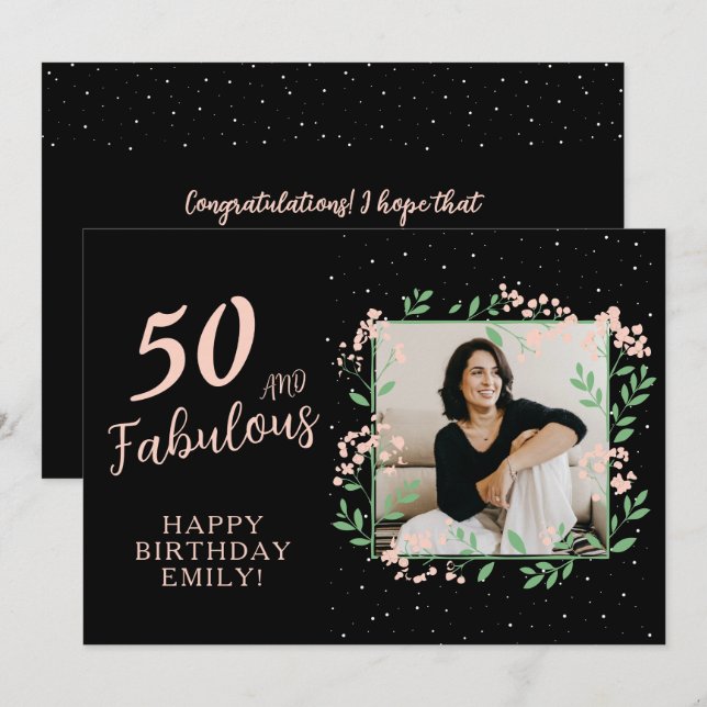 Elegant 50 and Fabulous Flower 50th Birthday Photo Card (Front/Back)