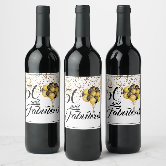 Elegant 50 and Fabulous Gold Confetti Black Text Wine Label (Bottles)