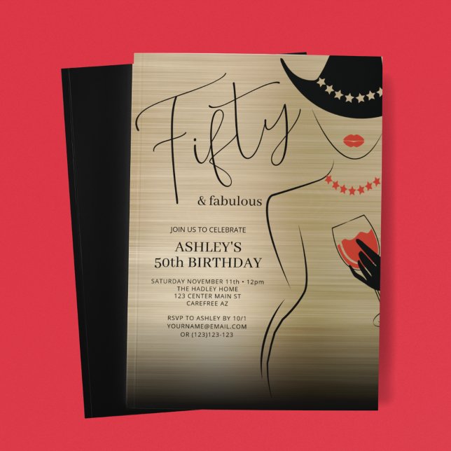 Elegant 50 and Fabulous Gold Red Birthday Invitation (Creator Uploaded)