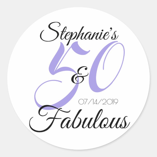 Elegant 50 and Fabulous Personalised Birthday Classic Round Sticker (Front)