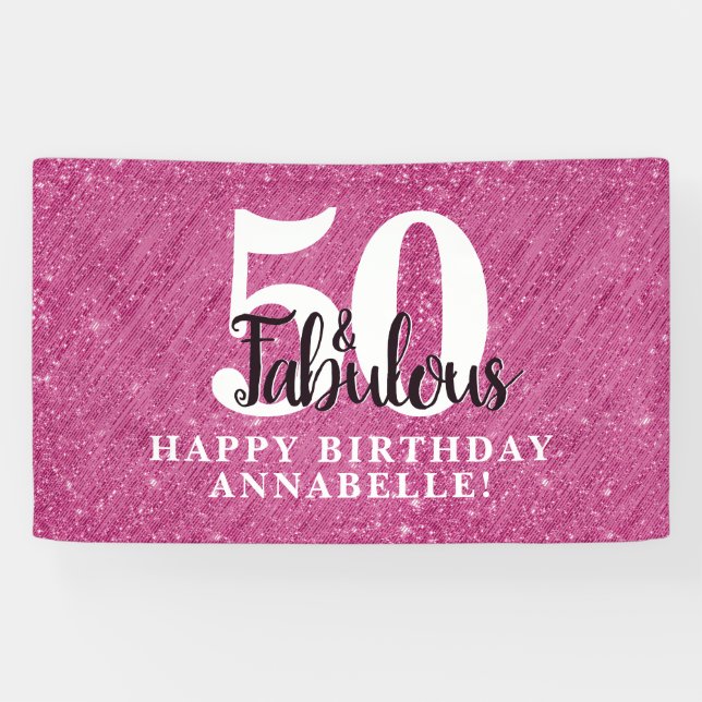 Elegant 50 and Fabulous Pink Sparkle 50th Birthday Banner (Horizontal)