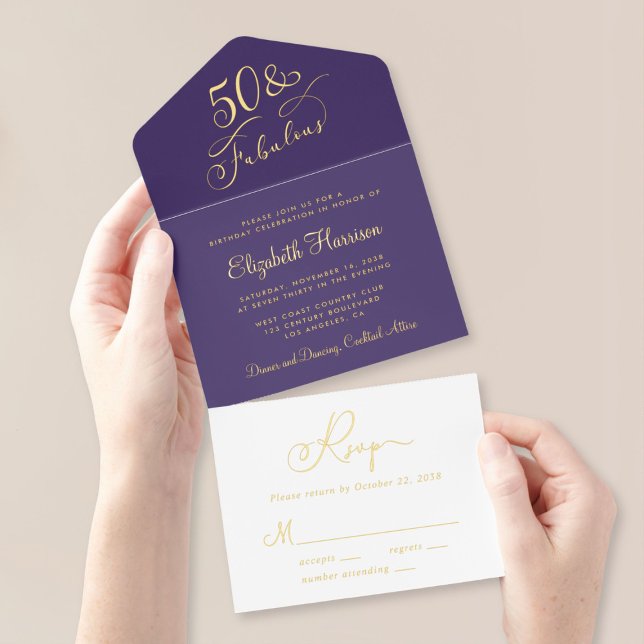 Elegant 50 And Fabulous Purple 50th Birthday Party All In One Invitation (Creator Uploaded)