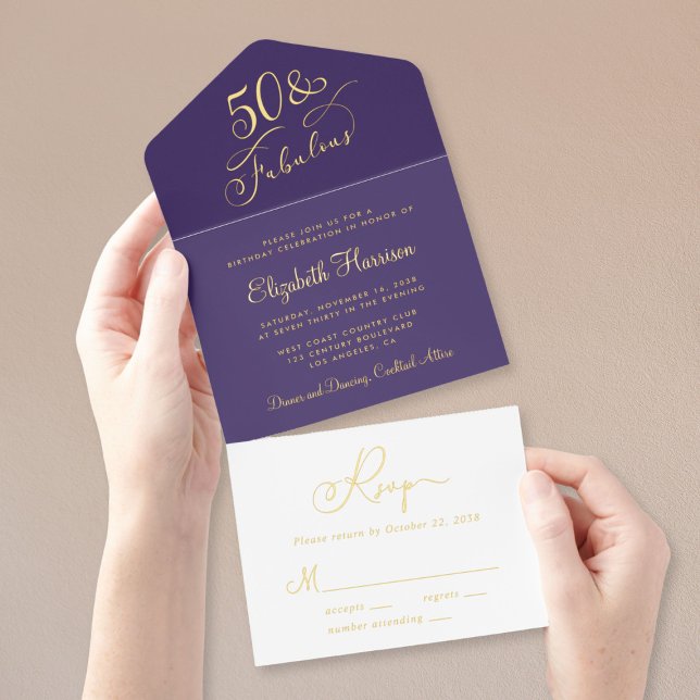 Elegant 50 And Fabulous Purple 50th Birthday Party All In One Invitation (Creator Uploaded)