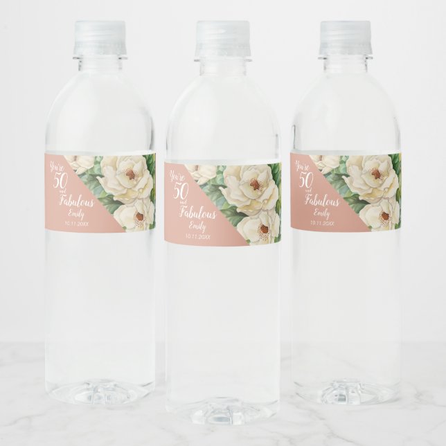 Elegant 50 And Fabulous Rose Gold Birthday Floral  Water Bottle Label (Bottles)