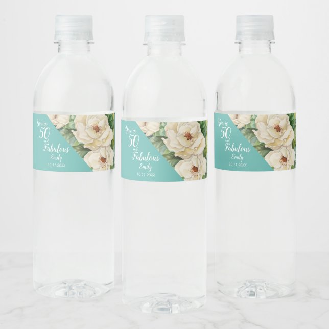Elegant 50 And Fabulous Teal Birthday Floral Water Bottle Label (Bottles)