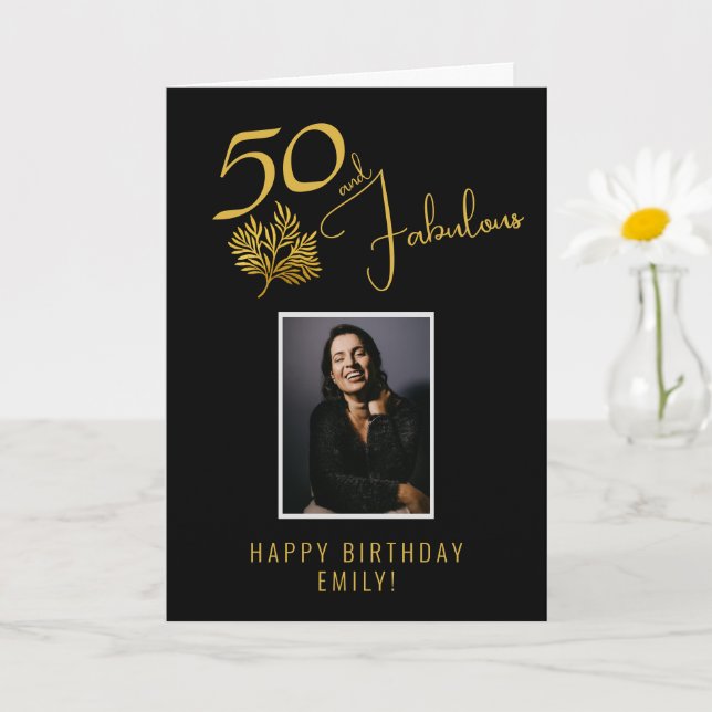 Elegant 50 and Fabulous Twigs 50th Birthday Photo Card (Small Plant)