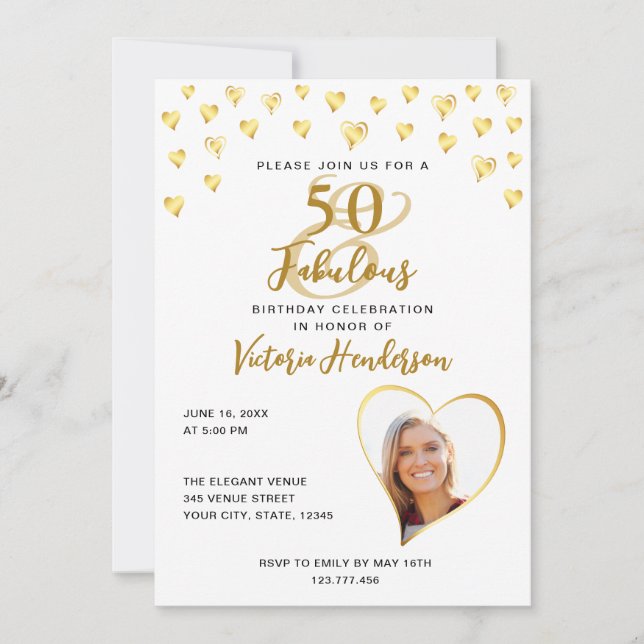 Elegant 50 and Fabulous White and Gold Birthday Invitation (Front)