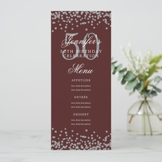 Elegant 50 Birthday Menu Silver Burgundy Confetti Invitation (Standing Front)