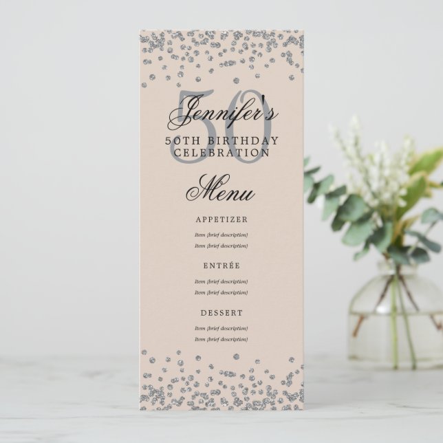 Elegant 50 Birthday Menu Silver Confetti Champagne Invitation (Standing Front)