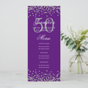 Elegant 50 Birthday Menu Silver Purple Confetti Invitation