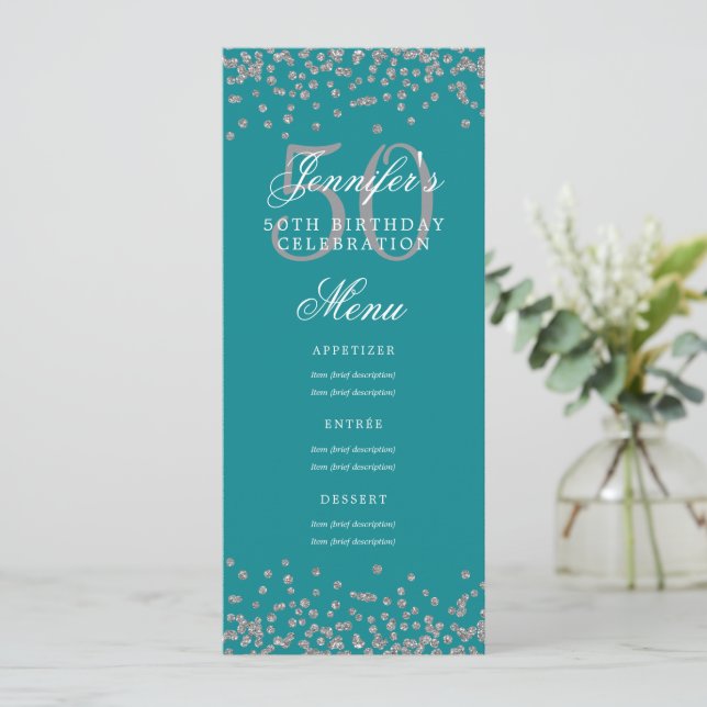 Elegant 50 Birthday Menu Silver Turquoise Confetti Invitation (Standing Front)