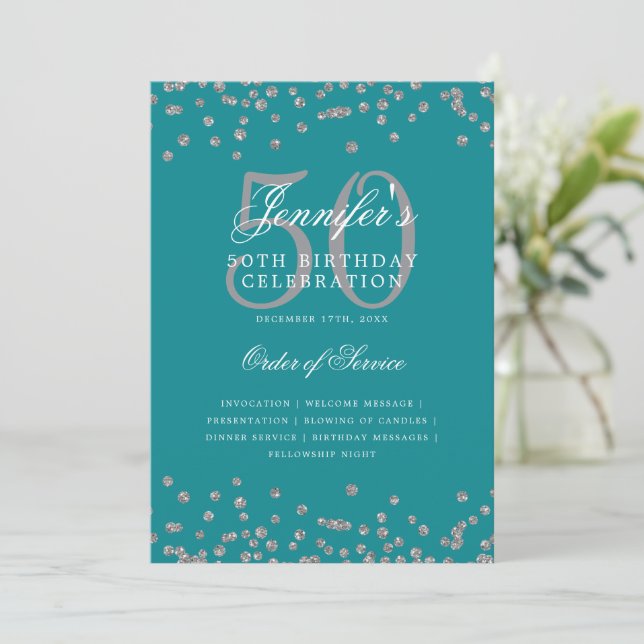 Elegant 50 Birthday Program Menu Silver Turquoise Invitation (Standing Front)