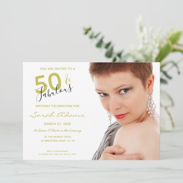 Elegant 50 & Fab Gold Black 50th Birthday Photo Invitation (Standing Front)