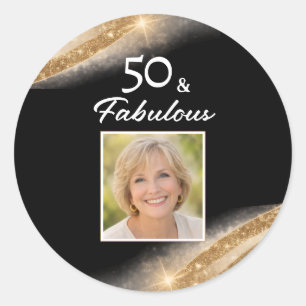 Elegant 50 & Fabulous Black Gold Photo Birthday Classic Round Sticker