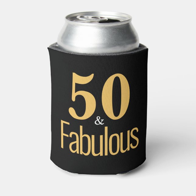 Elegant 50 & Fabulous Black Gold Typography  Can Cooler (Can Back)
