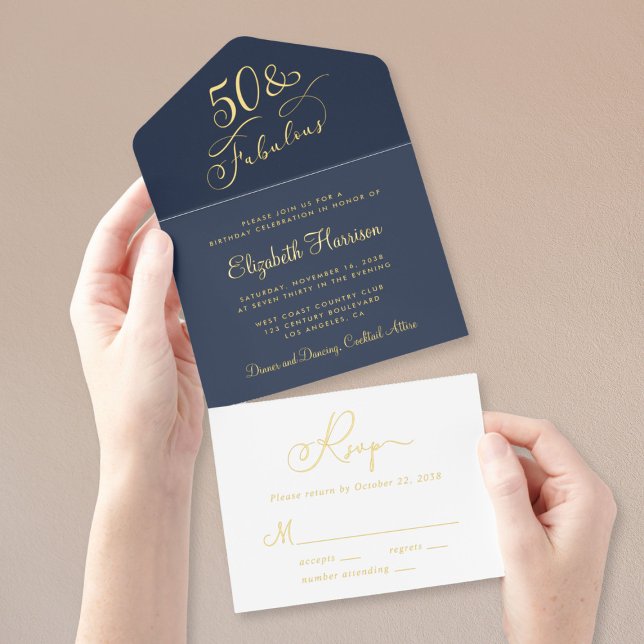 Elegant 50 Fabulous Blue 50th Birthday Party Foil All In One Invitation (Creator Uploaded)