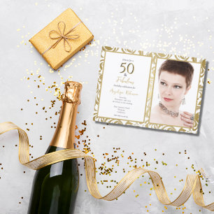 Elegant 50 & Fabulous Decorative Gold Leaves Party Invitation