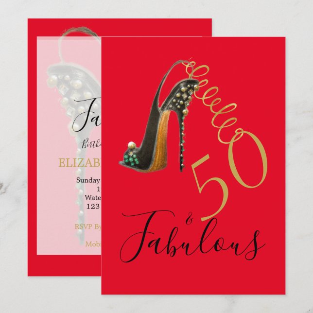 Elegant 50 Fabulous Fiftieth Red Modern Birthday Invitation (Front/Back)