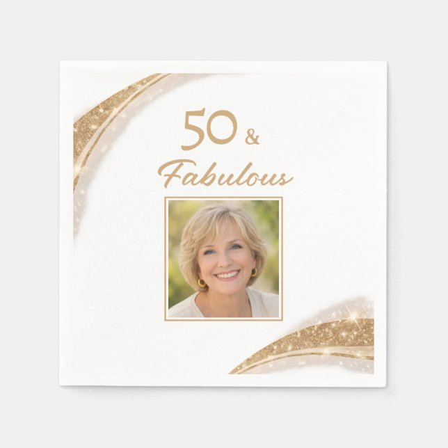 Elegant 50 & Fabulous Gold Photo Birthday Party Napkin (Front)