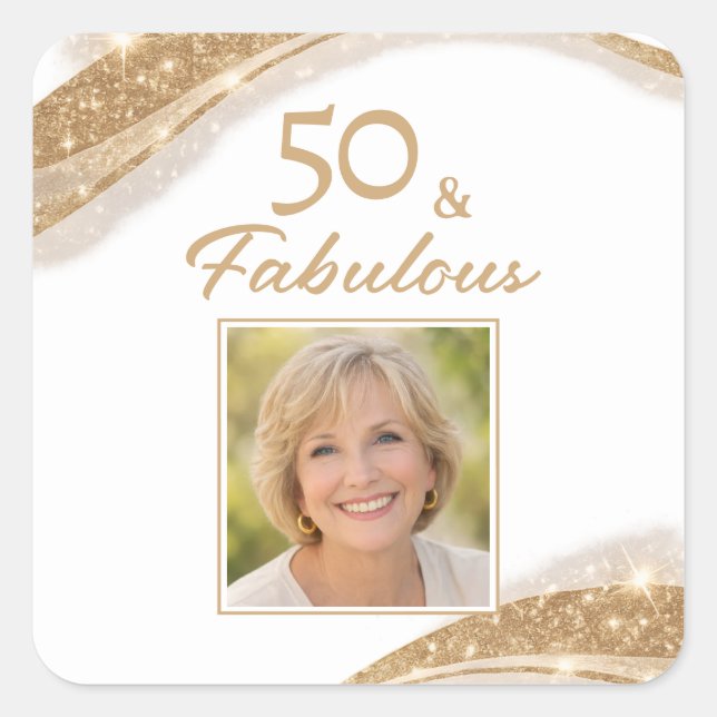 Elegant 50 & Fabulous Gold Photo Birthday  Square Sticker (Front)