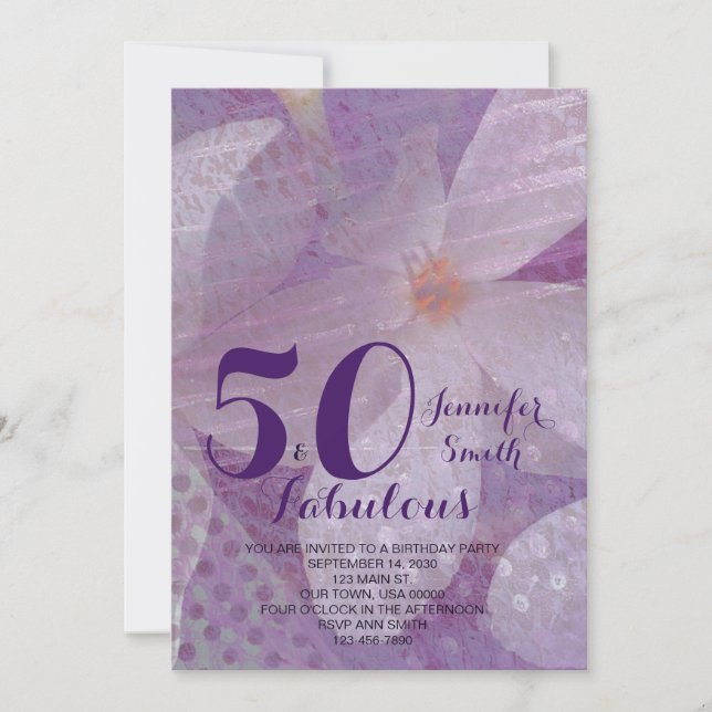 Elegant 50 & Fabulous Lavender Birthday Invitation (Front)