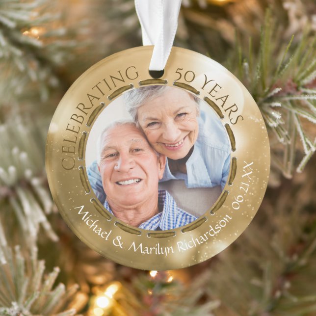 Elegant 50th Anniversary 2 Photo Gold Bokeh Ornament (Tree)