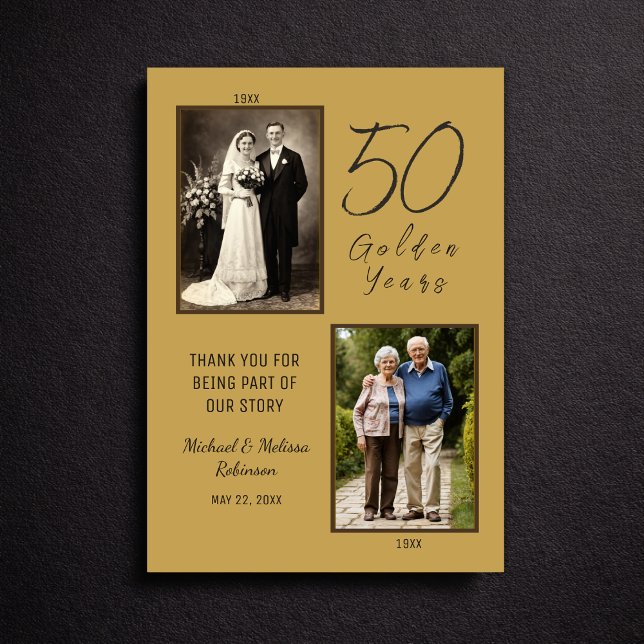 Elegant 50th Anniversary Gold Photo Thank You Card (Clean flat lay view of gold 50th anniversary thank you card)