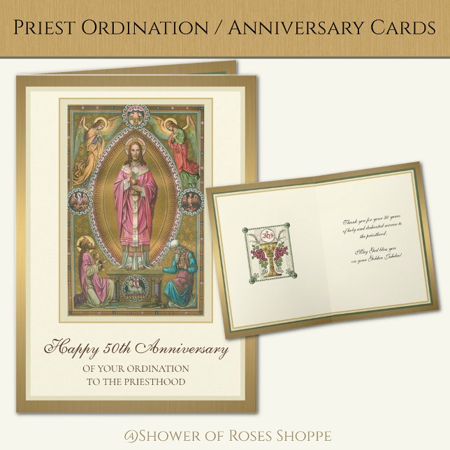 Elegant 50th Anniversary Ordination Priest Jesus  Card (Traditional Catholic Priest Ordination/Anniversary Cards - Easy to Personalize!)