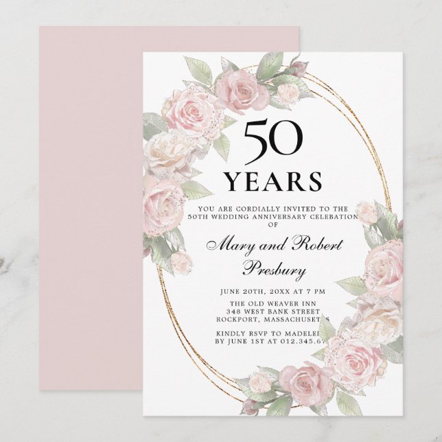 Elegant 50th Anniversary Pink Rose Floral Invitation (Front/Back)