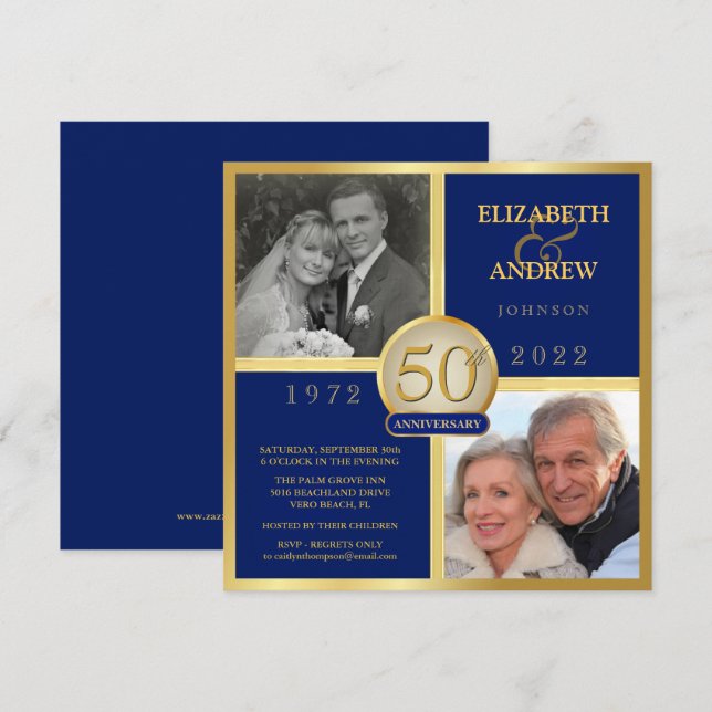 Elegant 50th Anniversary Then Now Navy Blue  Invitation (Front/Back)