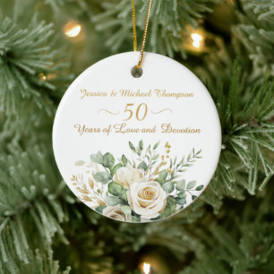 Elegant 50th Anniversary White Roses Gold Rings Ceramic Tree Decoration