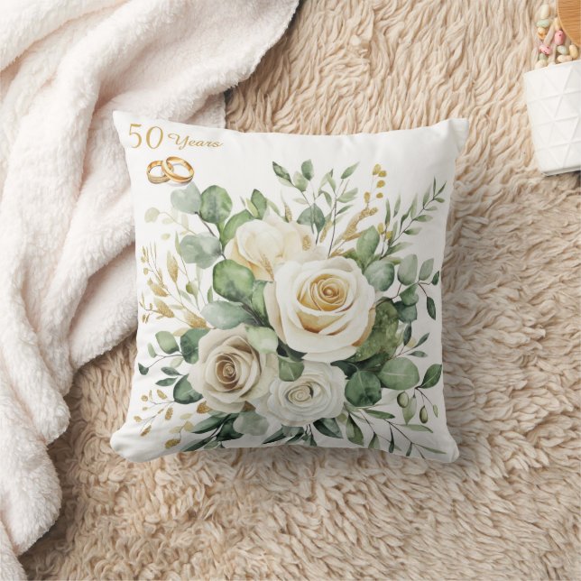 Elegant 50th Anniversary White Roses Gold Rings Cushion (Blanket)