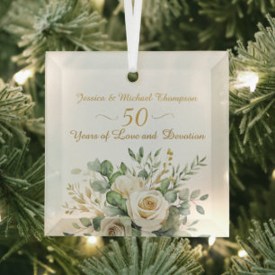 Elegant 50th Anniversary White Roses Gold Rings Glass Tree Decoration