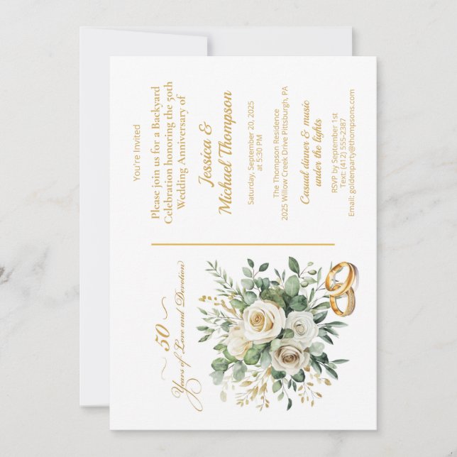 Elegant 50th Anniversary White Roses Gold Rings Invitation (Front)