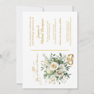 Elegant 50th Anniversary White Roses Gold Rings Invitation