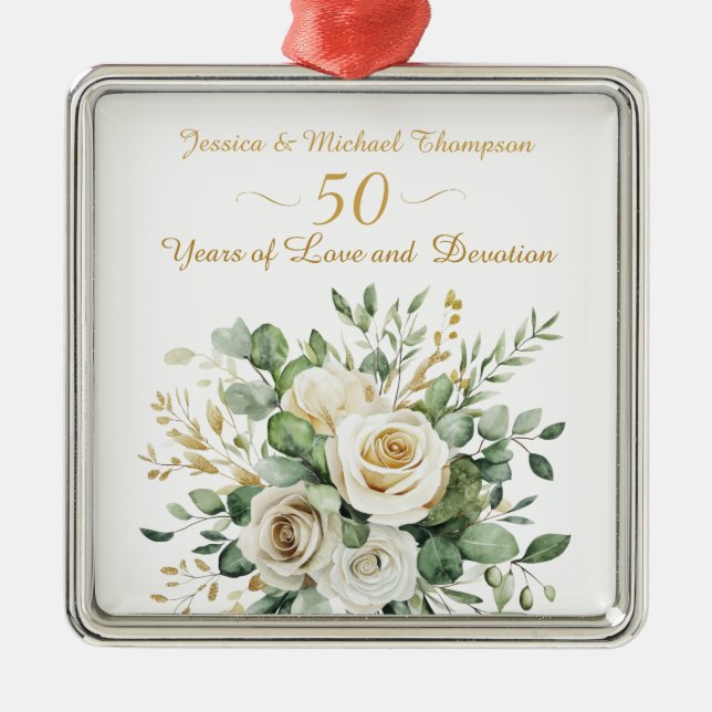Elegant 50th Anniversary White Roses Gold Rings Metal Tree Decoration (Front)