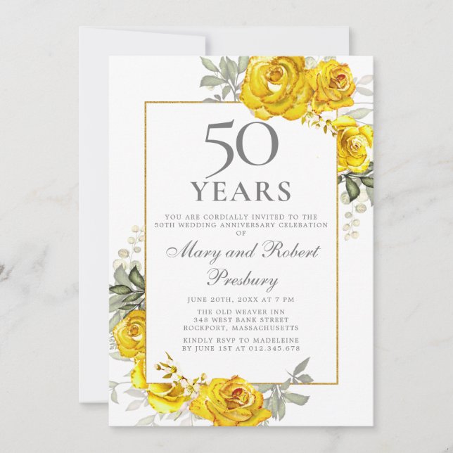 Elegant 50th Anniversary Yellow Floral Invitation (Front)