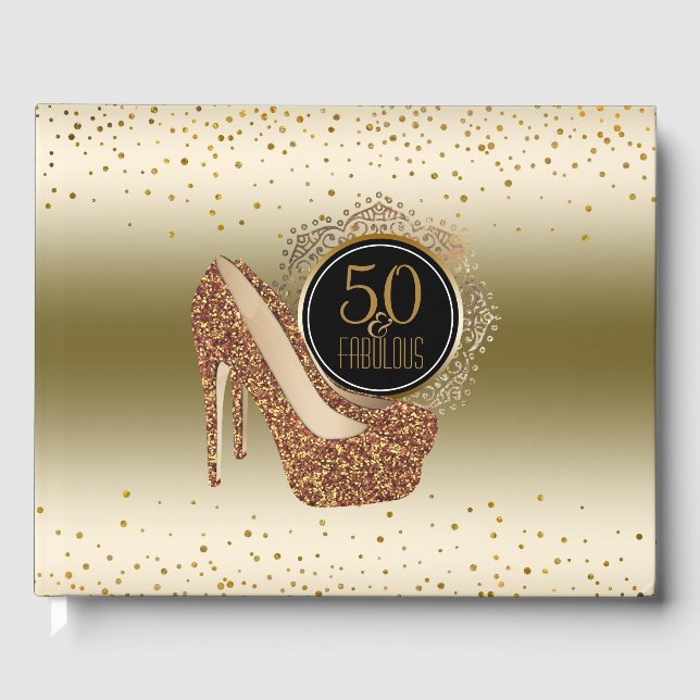 Elegant 50th Birthday | 50 & Fabulous Black Gold Guest Book (Front)