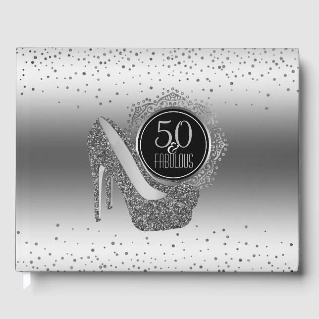 Elegant 50th Birthday 50 & Fabulous Black Silver Guest Book (Front)